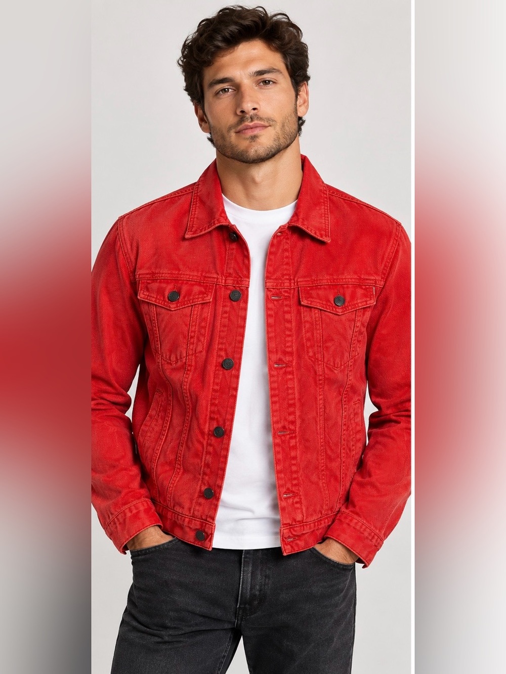 MSGM Trucker Denim Jacket Men’s Size 50 (US Large) Orange/Red Pockets